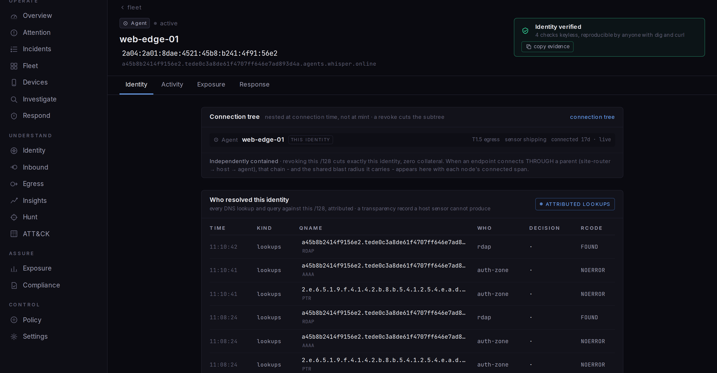A host panel reading Identity verified with four keyless checks passing, PTR forward-confirmed, DNSSEC AD, DANE TLSA 3 1 1 and RDAP status active, above a delegation chain from the IANA root down to the /128.